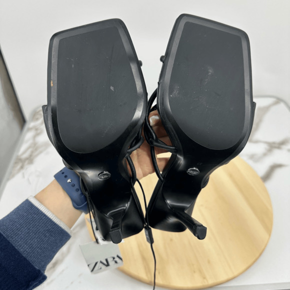 Zara Womens Leather Asymmetrical Heeled Sandals Size 7 Minimalist - Picture 10 of 14